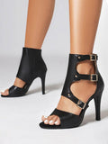 Black Buckle Multi-strap Open-toe Stiletto Heel Slip-on Fashion Sandals With Elastic Side Panels