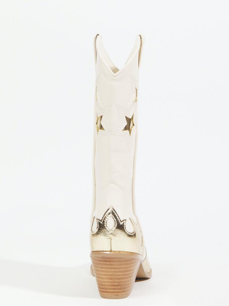 Off White Star Metallic Gold Applique Wide Mid Calf Boots Slanted Heeled Cowgirl Boots