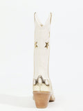 Off White Star Metallic Gold Applique Wide Mid Calf Boots Slanted Heeled Cowgirl Boots