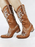 Brown Embroidery Studs Snip-toe Wide Calf Cowgirl Boots