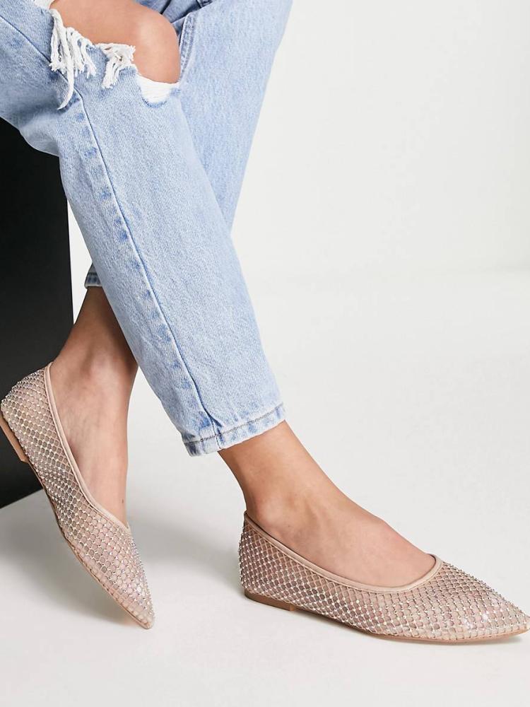 Nude Rhinestone Mesh Pointed Ballet Flats For Women