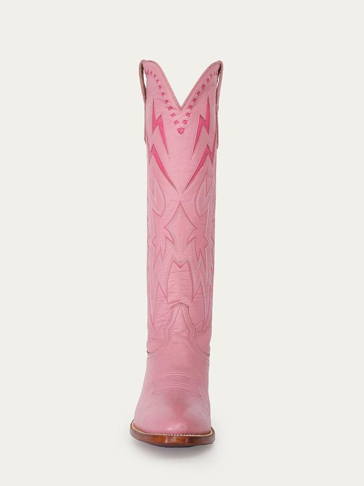 Pink Inlay Lightning Stitch Knee High Boots Slip-On Round Cowgirl Heeled Boots