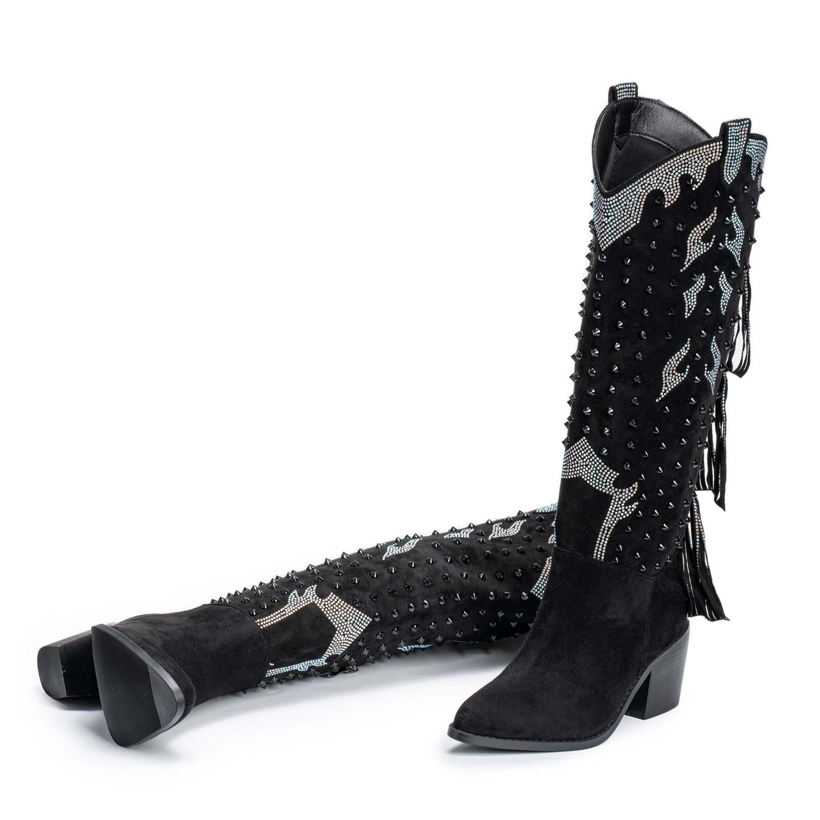 Studded Rhinestone Fringe Knee High Cowgirl Boots Tall Slanted Heel Western Boots