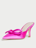 Pink Knotted Kitten Heel Satin Pumps Mules For Women