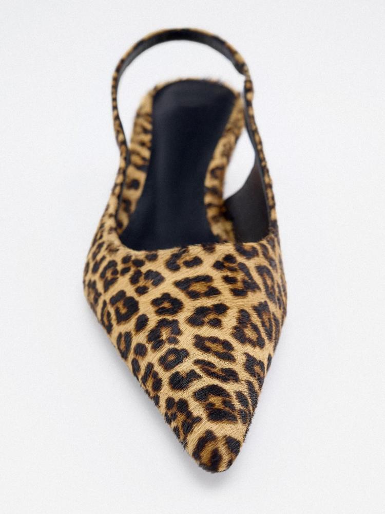 Leopard Faux Fur Pointy Slingback Kitten Heeled Pumps For Women