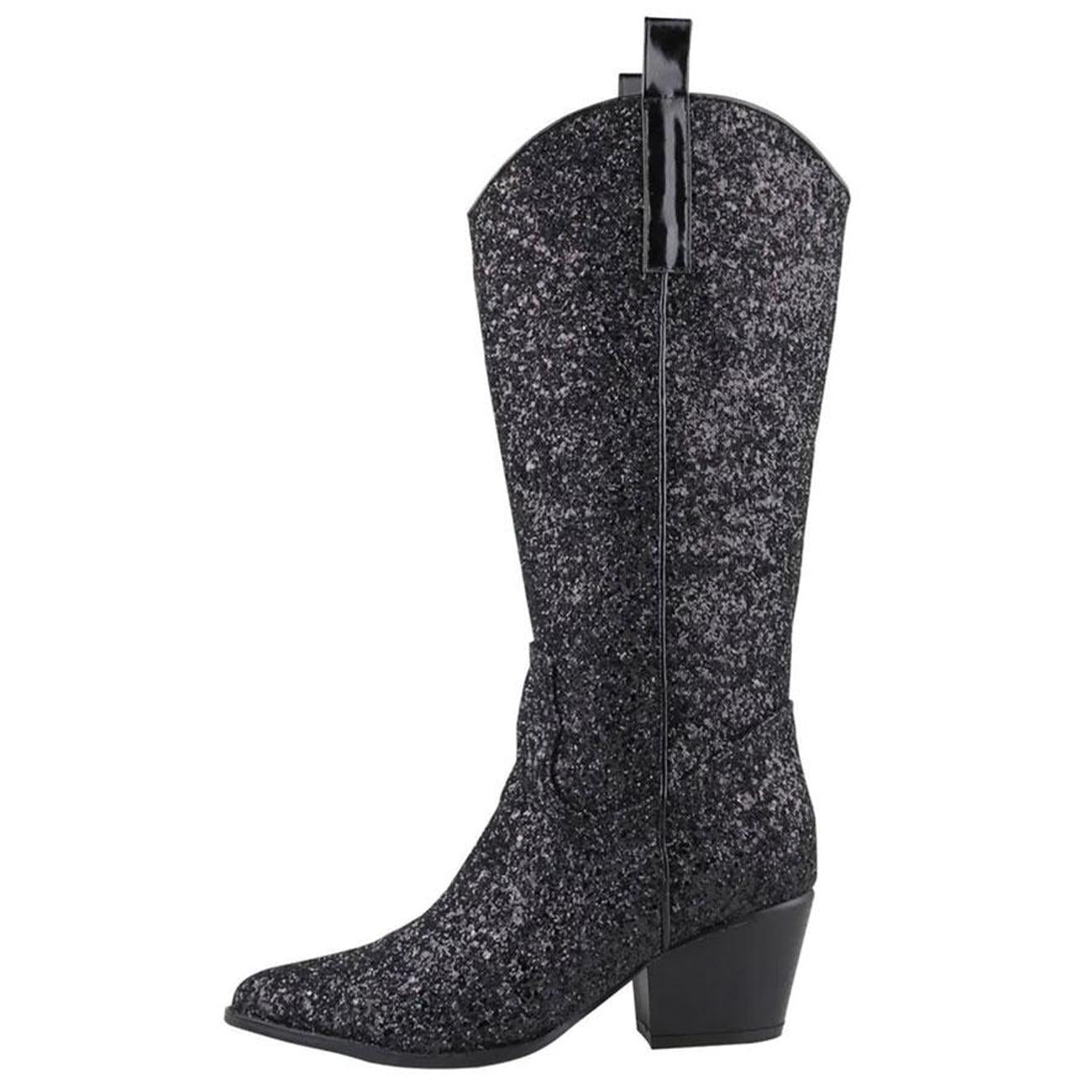 Glitter Zipper Pointy Mid Calf Cowgirl Boots In Gold Silver Black