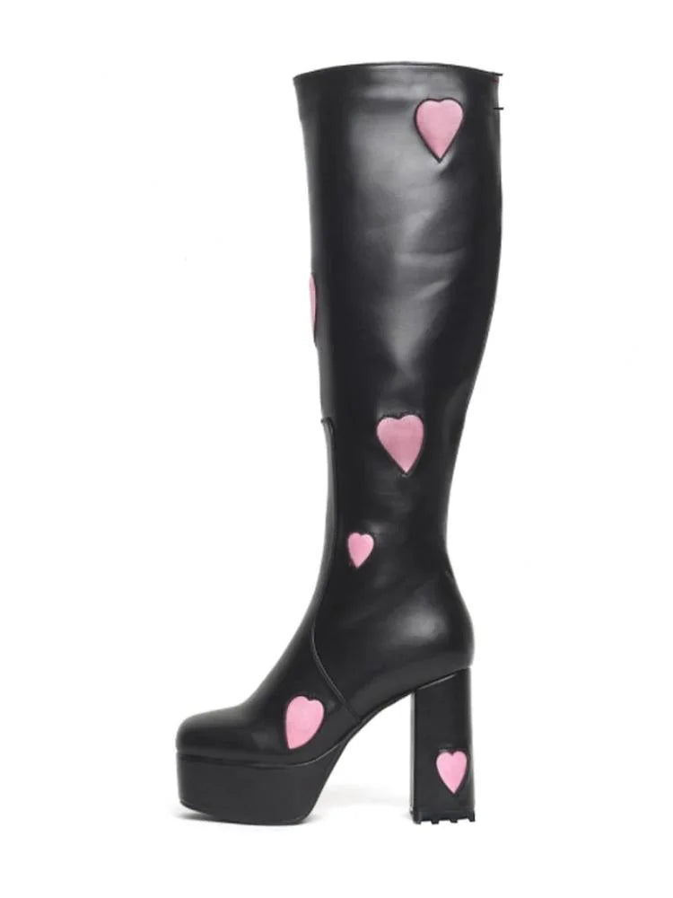 Pink Red Heart Square Toe Block Heel Gogo Platform Knee High Boots