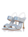 Iridescent Sparkly Rhinestone Square Flared Heeled Sandals Slingbacks With Clear Back Strap