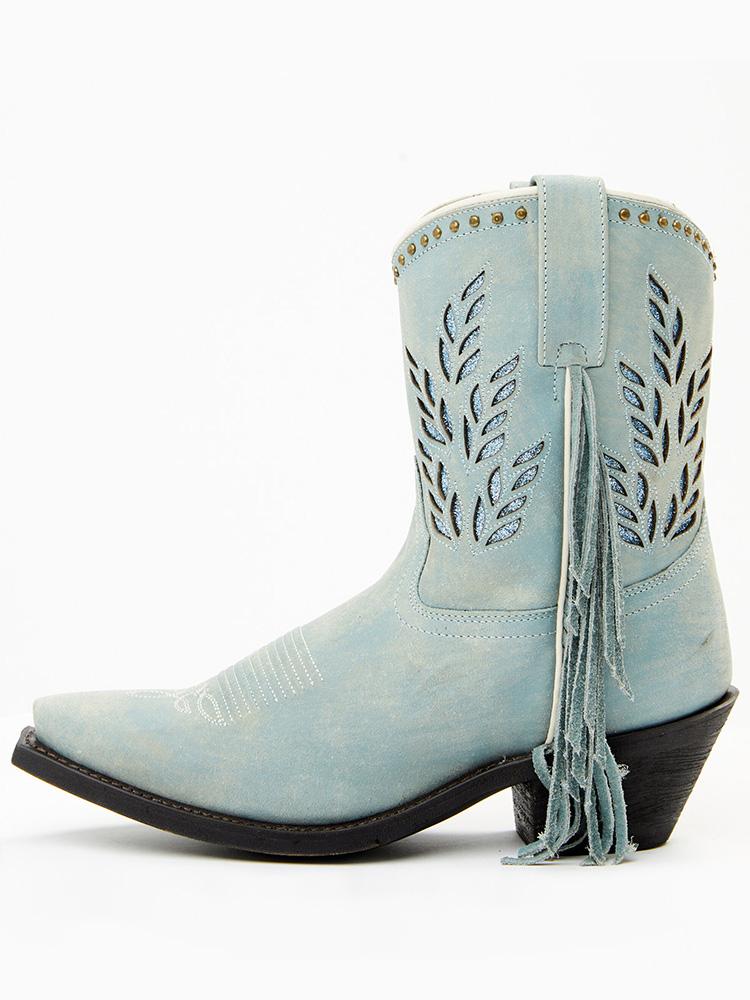 Light Blue Fringed Studded Inlay With Glitter Snip-toe Slip-on Mid-Calf Western Boots For Women