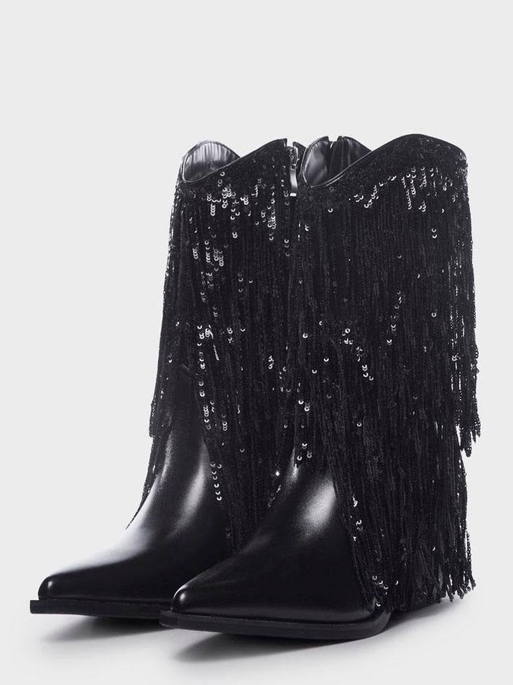 Metallic Sequin Fringed Zipper Pointy Chunky Heeled Western Cowgirl Ankle Boots