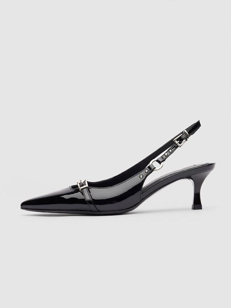 Black Patent Stud Buckled Slingback Pointy Kitten Pumps