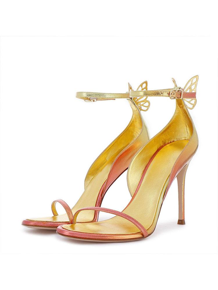 Metallic Gold Pink Ombre Butterfly Ankle Strap Round Stiletto Heel Sandals