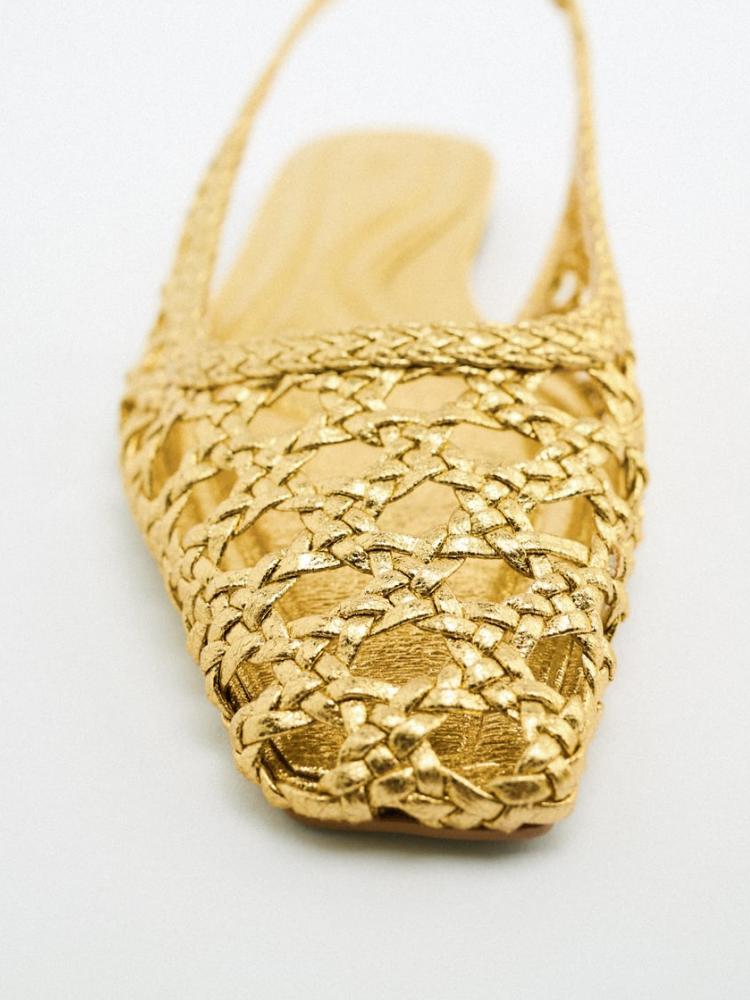 Metallic Gold Woven Hollow-Out Square-Toe Slingback Flat Sandals For Women