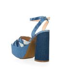 Blue Denim Stitch Patchwork Open-toe Platform Sandals With Buckle Ankle Strap