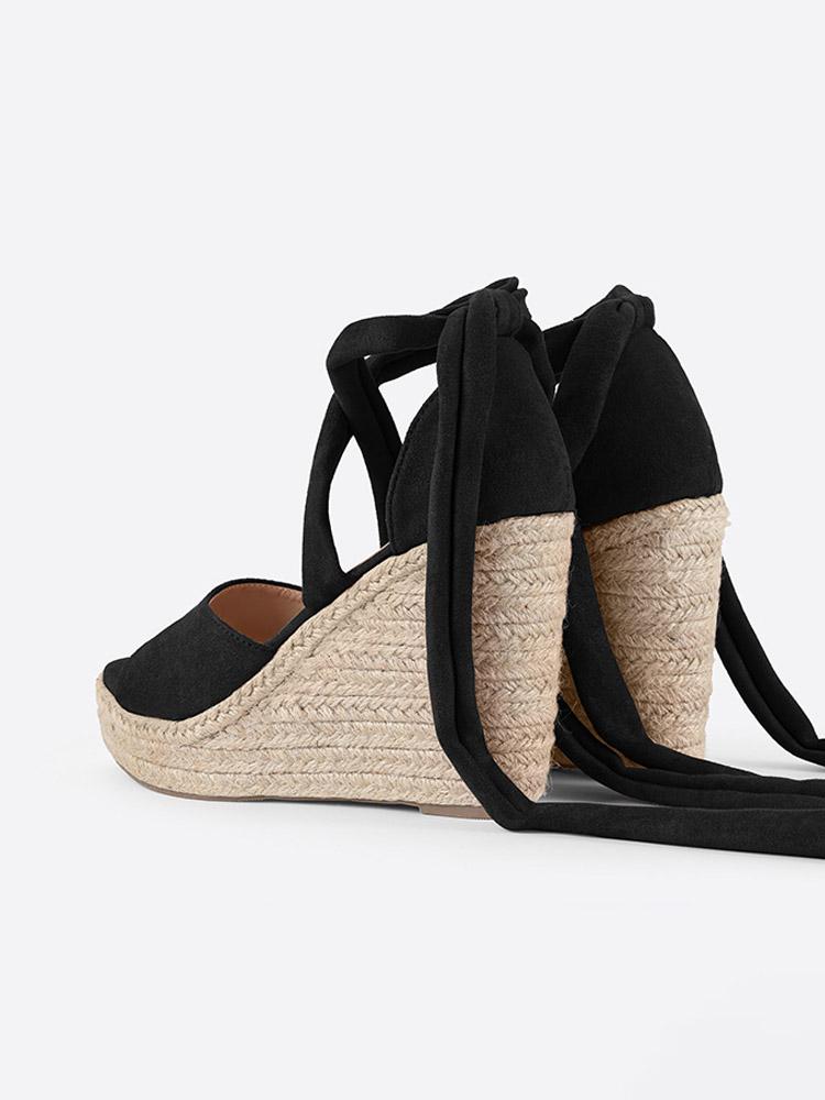 Cloth Single Band Open-toe Ankle Wrap Espadrille Wedge Sandals With Self-tie