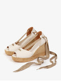 White Cloth Open-toe Ankle Wrap Espadrille Wedge Sandals With Self-tie