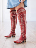 Grass Embroidered Lace Up Zip Snip Western Knee High Boots