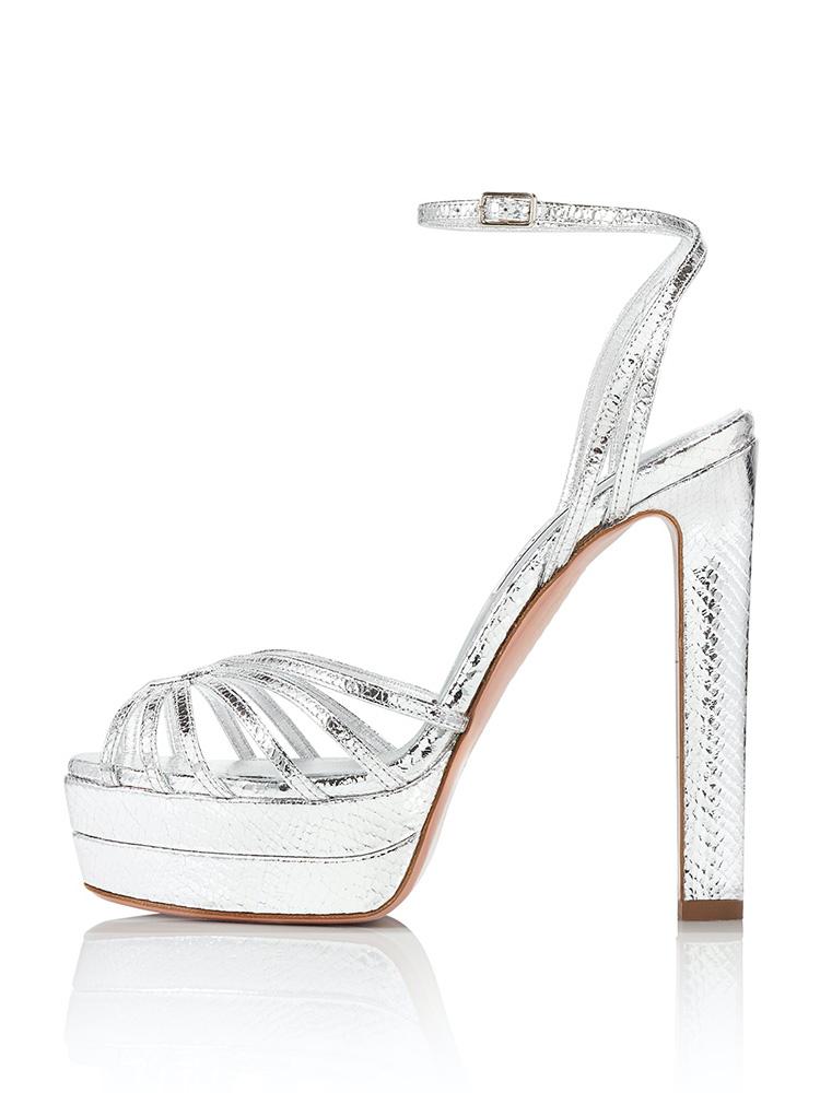 Metallic Silver Snakeskin Cut-Out Strappy Double Platform Pumps With Buckle Ankle Strap