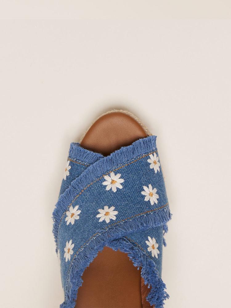 Frayed Denim Blue Daisy Embroidered Round Raffia Wdege Espadrilles Sandals Buckle Slingbacks