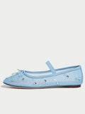 Blue Mesh Bow Round Rhinestone Ballet Flats With Elastic Instep Strap