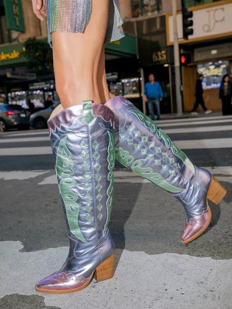 Contrast Metallic Butterfly Applique Snip Toe Wide Calf Tall Cowgirl Boots