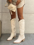 Embroidered Mid Calf Boots Pointed Toe Zipper Chunky Heeled Western Boots