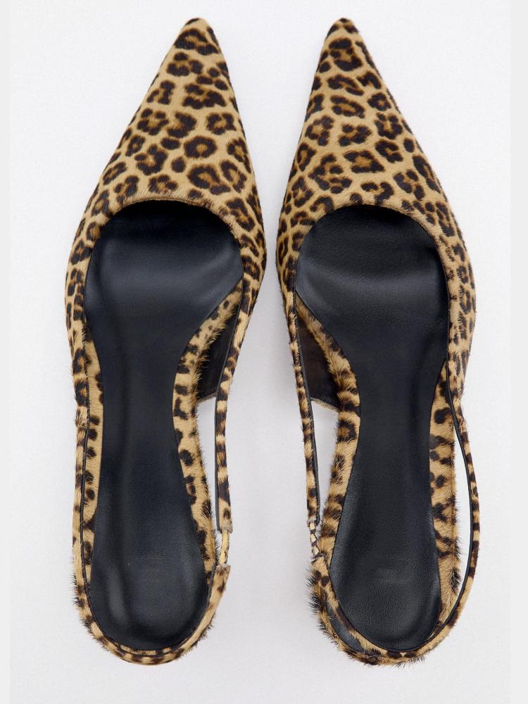 Leopard Faux Fur Pointy Slingback Kitten Heeled Pumps For Women