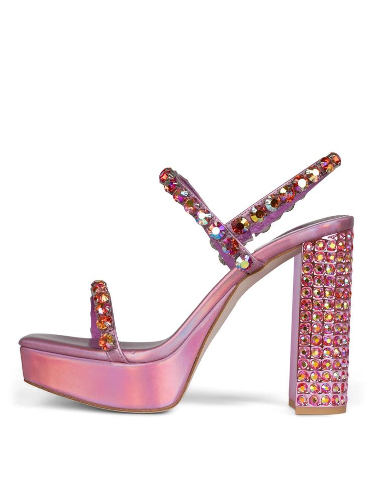 Iridescent Rhinestone Platform Chunky Heeled Sandals With Square Toe Ankle Strap Buckle