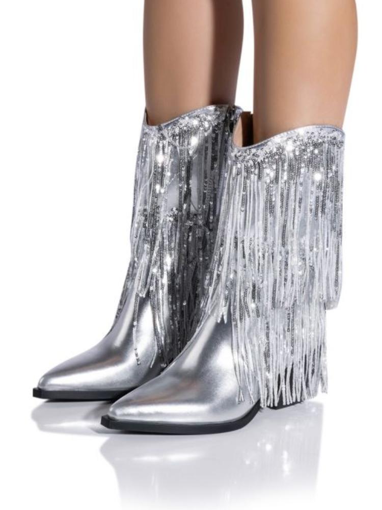 Metallic Sequin Fringed Zipper Pointy Chunky Heeled Western Cowgirl Ankle Boots