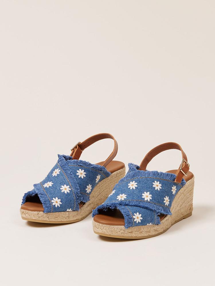 Frayed Denim Blue Daisy Embroidered Round Raffia Wdege Espadrilles Sandals Buckle Slingbacks