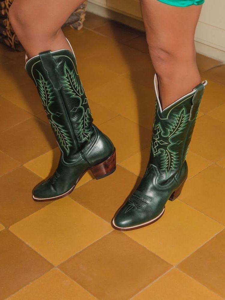 Dark Green Embroidered Round Toe Wide Calf Knee High Western Boots