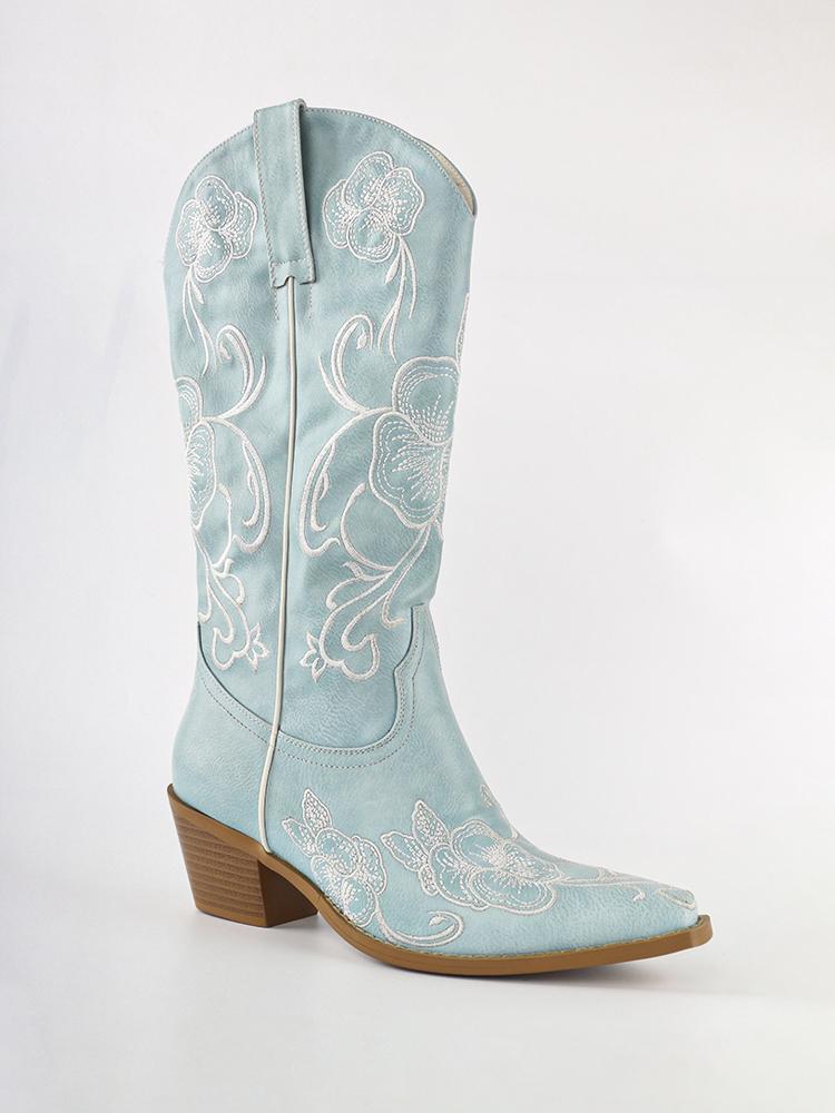 Light Blue Floral Embroidered Wide Mid Calf Cowgirl Boots Block Heeled Western Boots