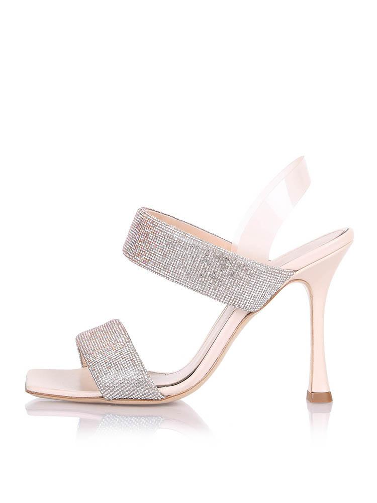 Iridescent Sparkly Rhinestone Square Flared Heeled Sandals Slingbacks With Clear Back Strap