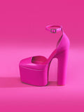 Hot Pink Patent Platform Square Toe Block High Heeled Pumps With Buckled Ankle Strap