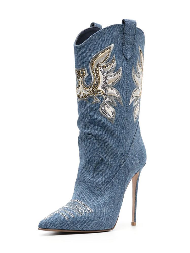 Blue Denim Embroidered with Rhinestones Pointed-toe Stiletto Heel Wide Mid-Calf Boots For Women