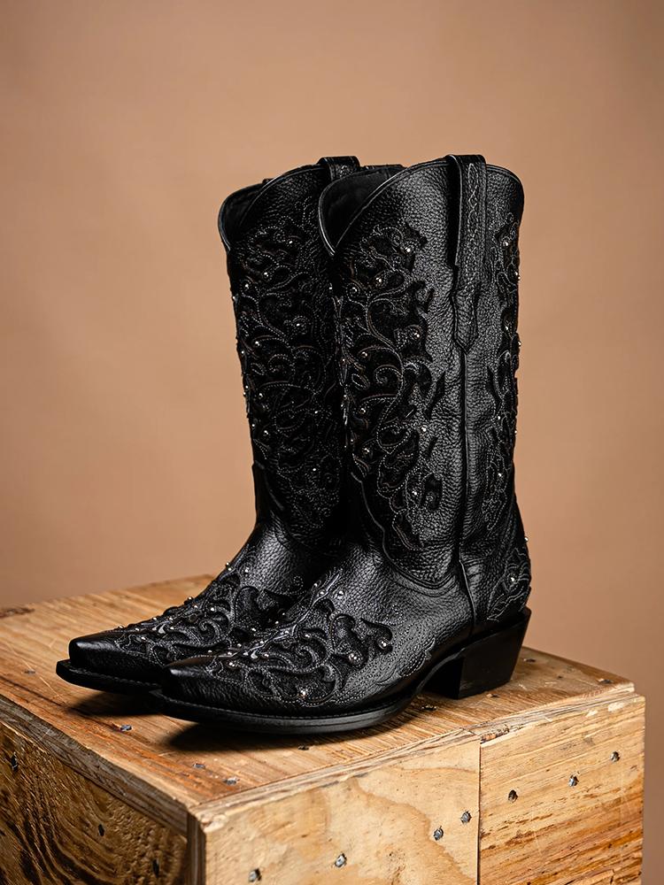 Filigree Cutout Embroidered Sparkling Inlay Stud Snip Wide Mid Calf Cowgirl Genuine Leather Boots