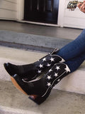 Inlay Star Embroidered Snip-Toe Wide Mid Calf Cowgirl Boots