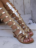 Metallic Buckled Multi-Strap Round Toe Zip Mid Calf Flat Gladiator Sandals