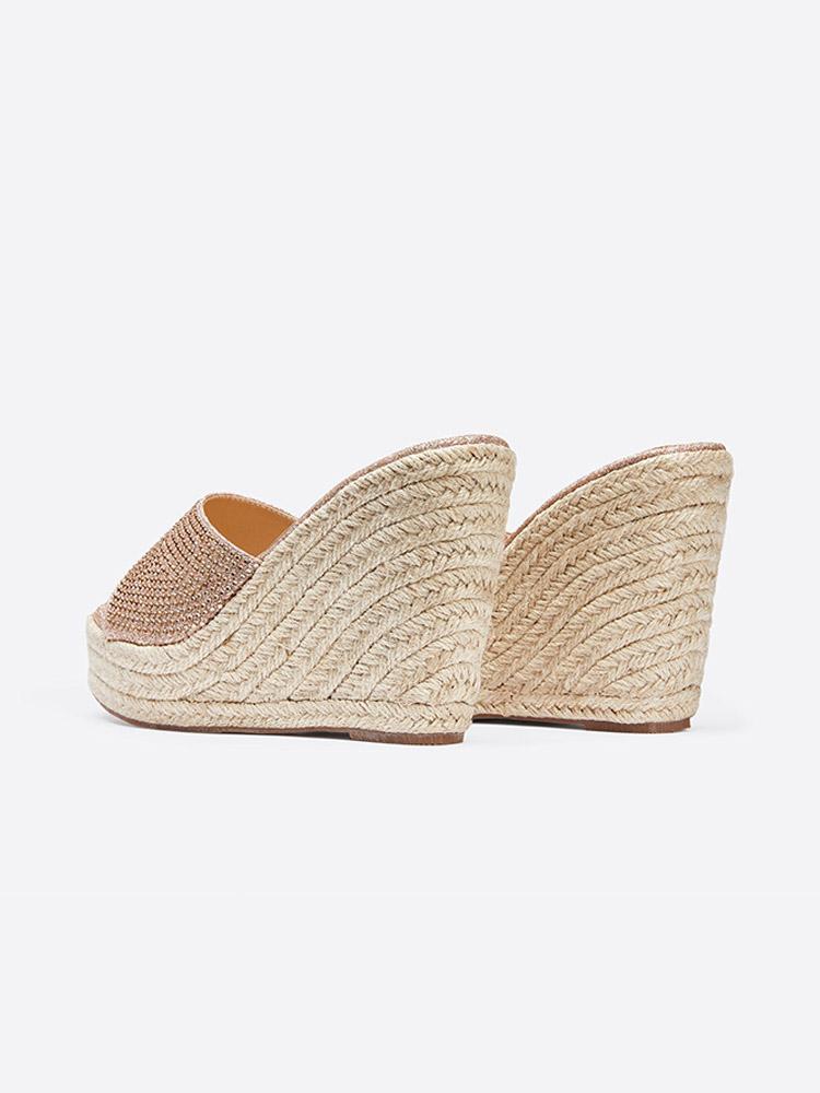 Champagne Single Band With Rhinestones Open-toe Slip-on Espadrille Wedge