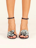 Black Sparkly Rhinestone Rose Floral Applique Round Stiletto Heeled Sandals With Buckle Ankle Strap