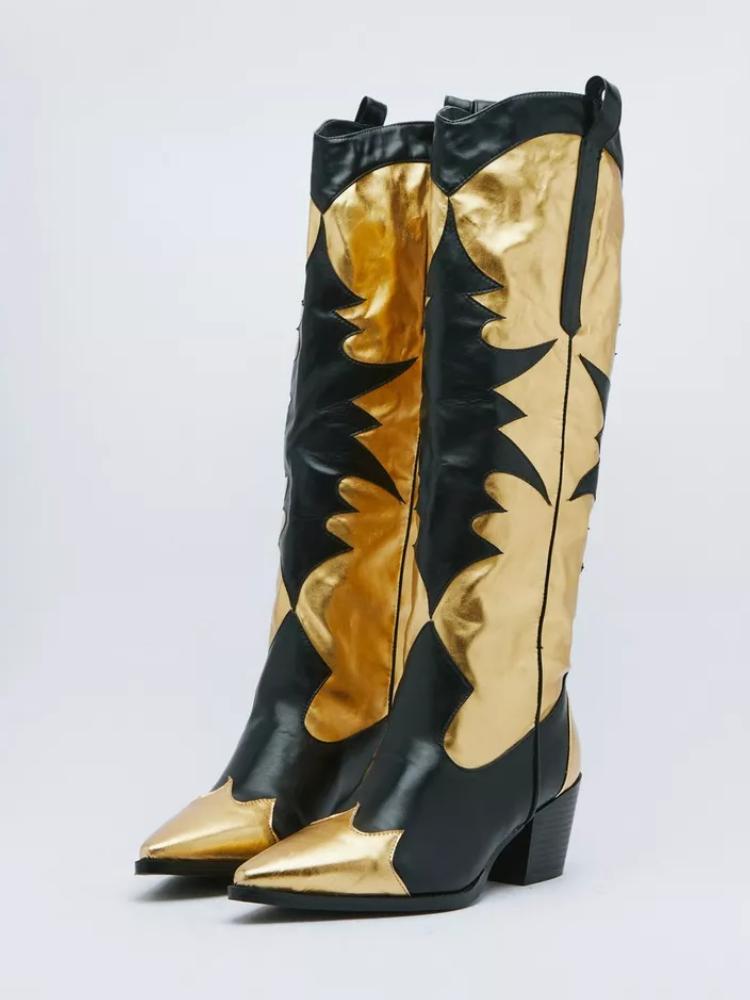 Metallic Gold Cowgirl Knee-High Boots Wide Calf Block High Heel Western Tall Boots