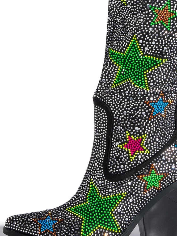 Multicolored Star Rhinestone Pointy Slip-On Over-Knee Thigh-High Western Boots