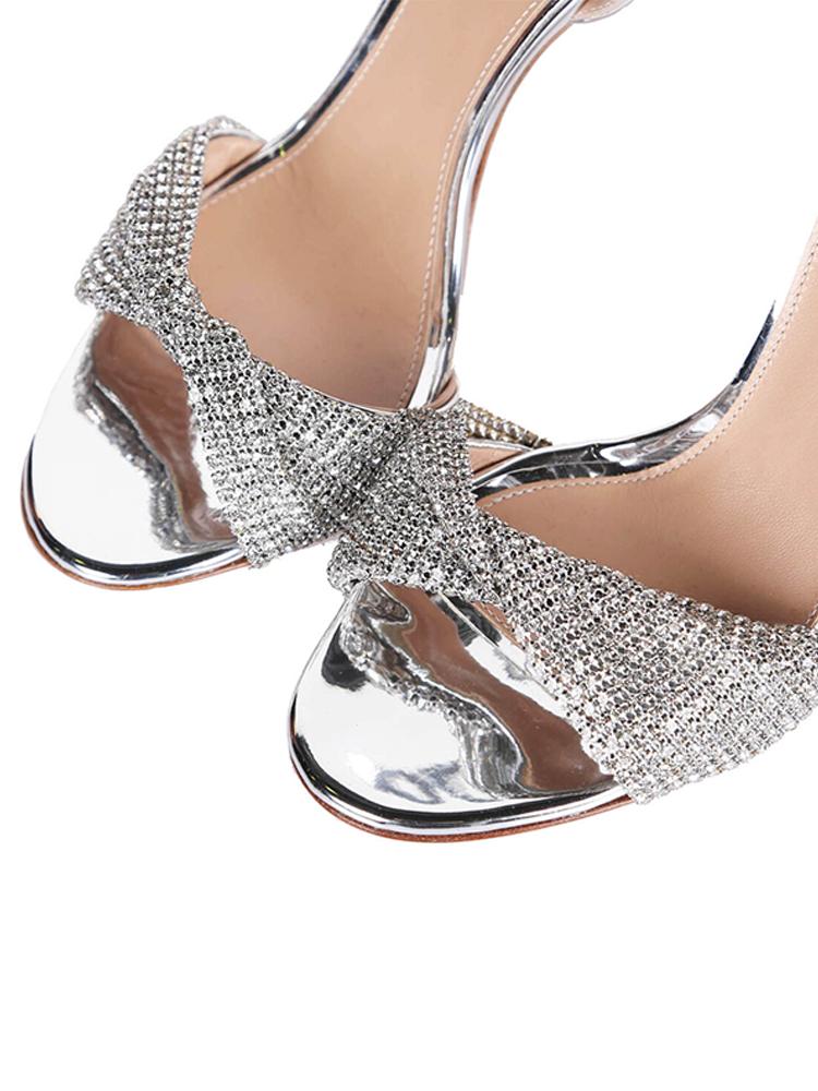 Metallic Silver Rhinestone Twist Strap Stiletto Heel Dress Sandals With Buckle Ankle Strap