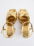 Metallic Gold Snakeskin Cross Strap Platform Flared Heeled Sandals With Ankle Strap