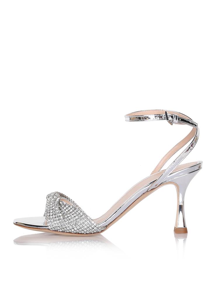 Metallic Silver Rhinestone Twist Strap Flared Heel Dress Sandals With Buckle Ankle Strap