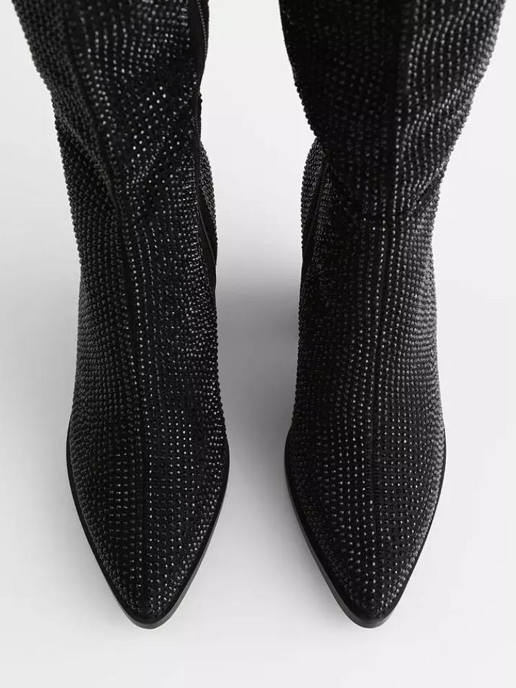 Over-The-Knee Boots Rhinestone Pointed Toe Slanted Heel Cowgirl Boots