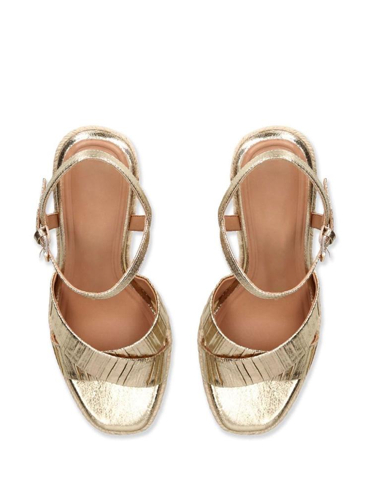 Metallic Gold Cross Bands Open-toe Espadrille Wedge Sandals With Buckle Ankle Strap