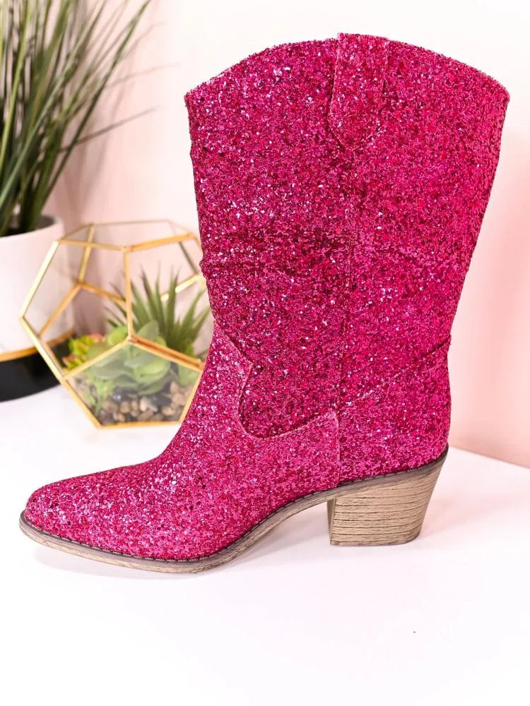 Glitter Round Toe Slanted Heel Western Cowgirl Wide Mid Calf Boots