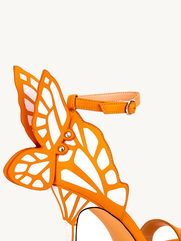 Orange Butterfly Stiletto Heeled Sandals With Round Toe Ankle Strap For Women