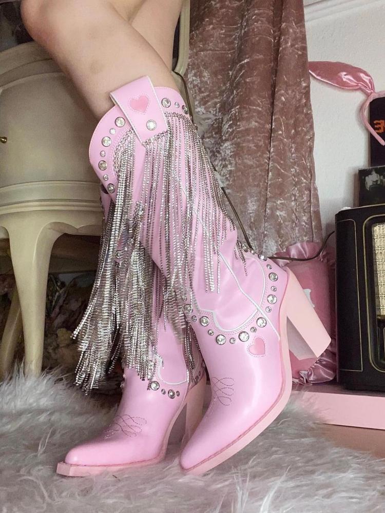 Pink Sparkly Rhinestone Fringe Cute Boots Heart Stitch Zip Pointy Mid-Calf Cowgirl Tall Boots